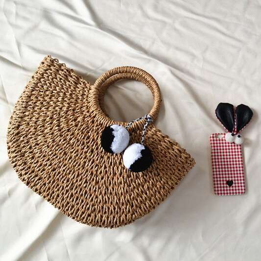Handmade Beach Bag 2024 New Summer Women's Grass Paper Rope Handbag Half Round Woven Bag Kq2