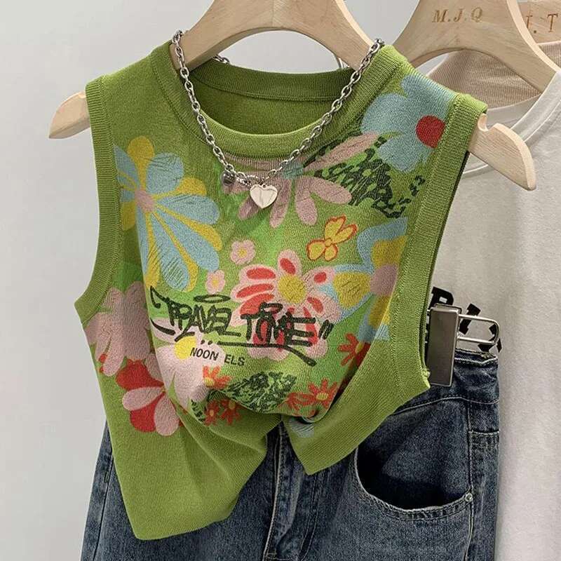 Summer Vintage Y2k Chic Graffiti Printed Knitted Tanks Women Korean Fashion Sleeveless Short Style Casual Top Pullovers