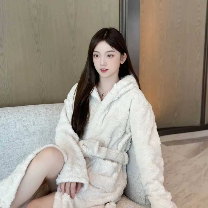 Belt Robe for Women Sleepwear Winter Nightdress Night Wear Warm Fleece Pajama Hooded One Piece Nightgown Solid Sleeping Homewear C251115