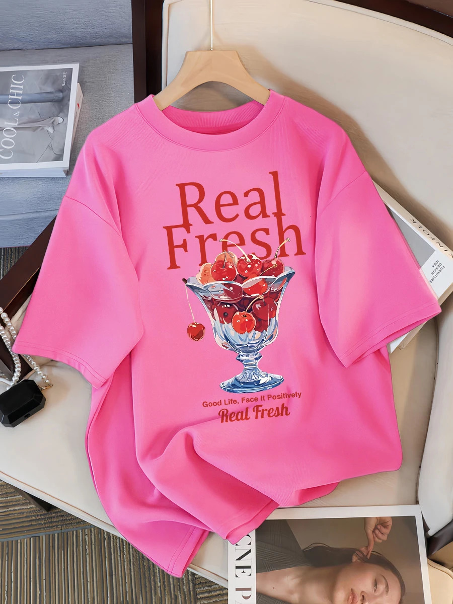 Real Fresh Cherry Fruit Cup Tee Shirts Female Comfortable Cotton T Shirt Fashion Casual Clothes Soft Street Short Sleeve 250415