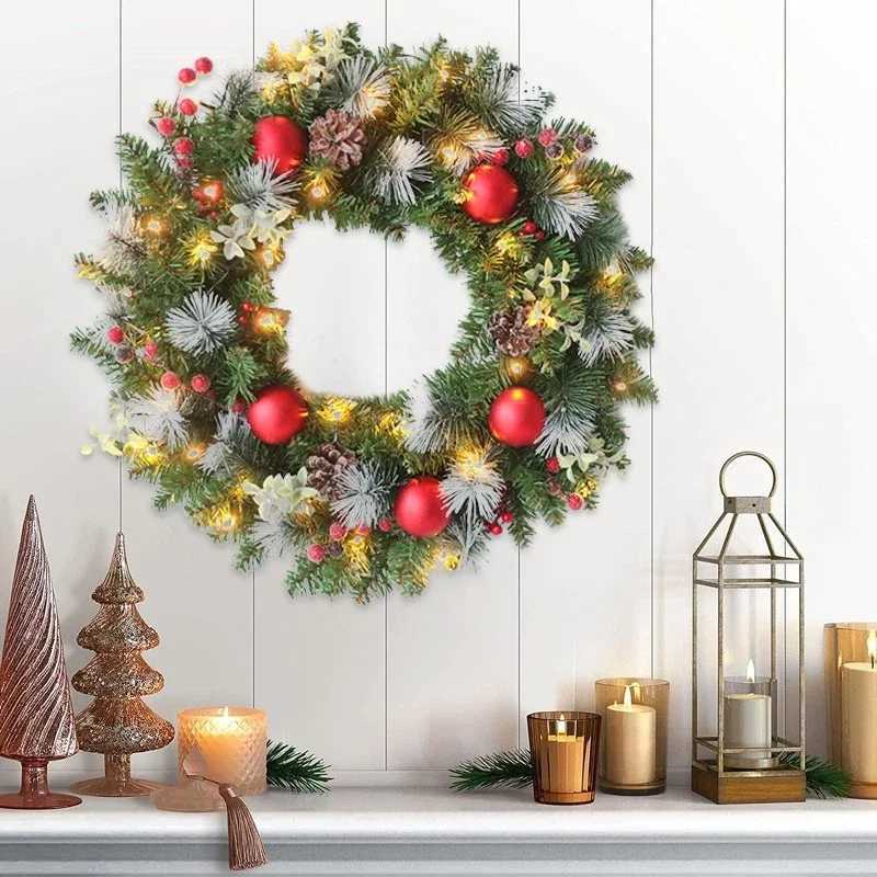 LED Christmas Wreath For Front Door Red Berry Garland Christmas Xmas Ball Wreath Window Door Wall Ornament Decorations GiftsM251115