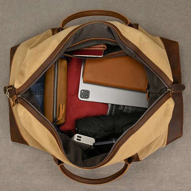 Canvas Genuine Leather Capacity Duffle Bags Men Women Travel Handbags Male Female Weekender Big Durable Shoulder Bag