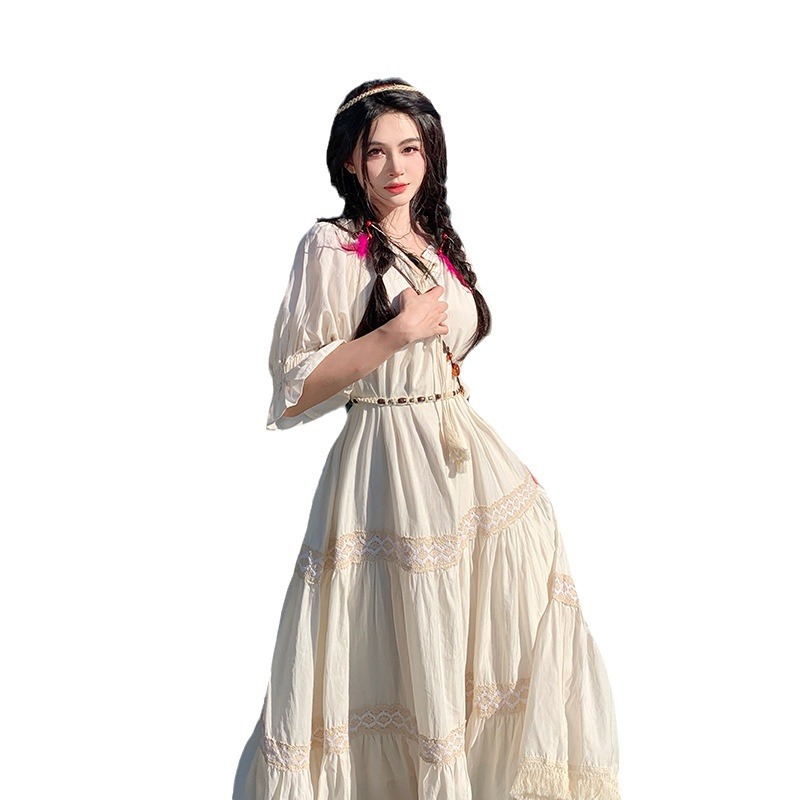 G125 Retro cotton and linen stitching lace multi-layer dress summer mid-sleeve travel vacation long skirt