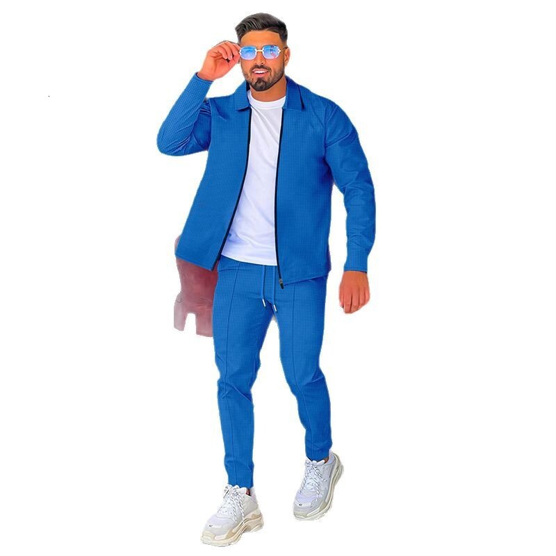 2025 Spring and Autumn Men's New Waffle Long Sleeve Set, Flip Collar Zipper cardigan, Casual Two Piece Set