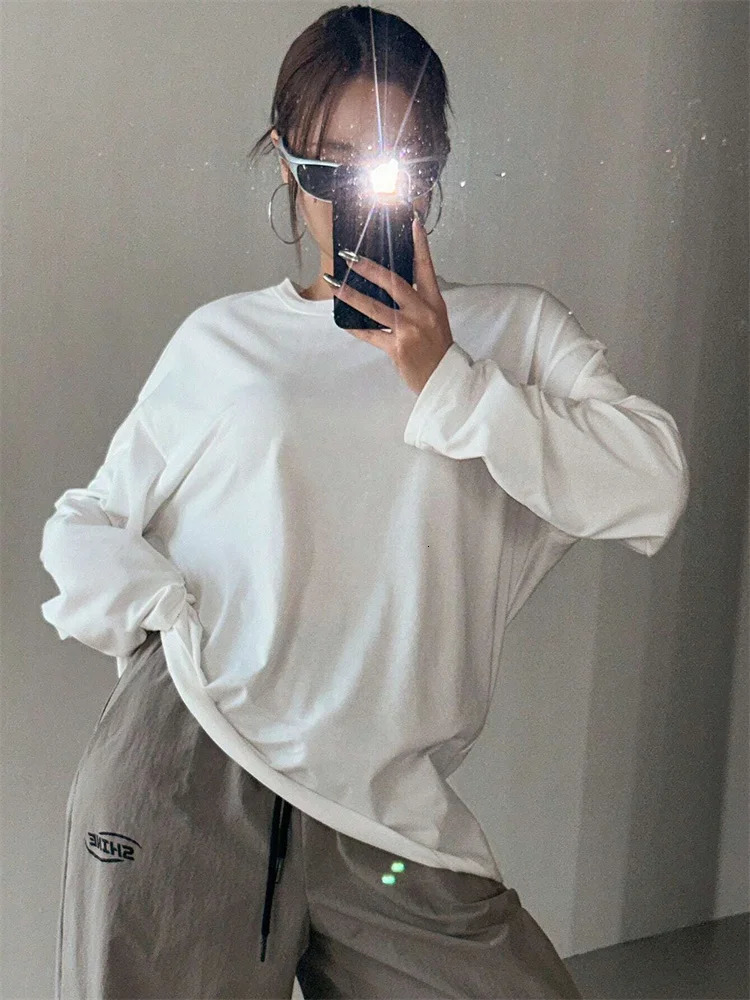 Women Basic Long Sleeve Loose O-neck T-shirt Autumn Winter Solid Color Tee Top Streetwear 250415