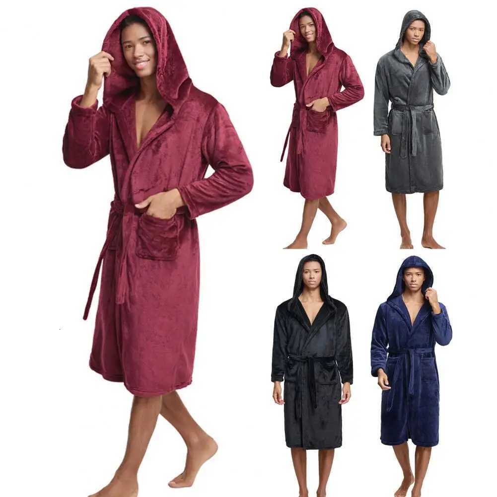 Flannel Robe with Waist Tie Mens Hooded Flannel Bathrobe with Pockets Long Sleeve Loungewear Robe for Quick-drying Comfort C251115