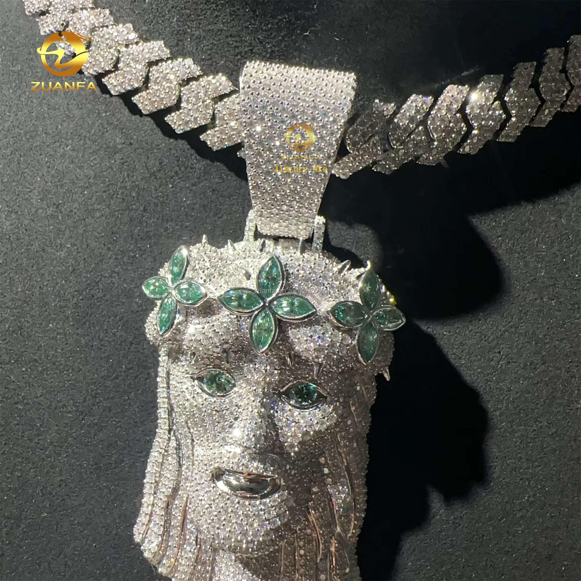 2.5 Fashion Man Jewelry Hip Hop Pendant 925 Silver Blue Green Marquise Moissanite Diamond Jesus Pendant Miami Cuban Link Chain