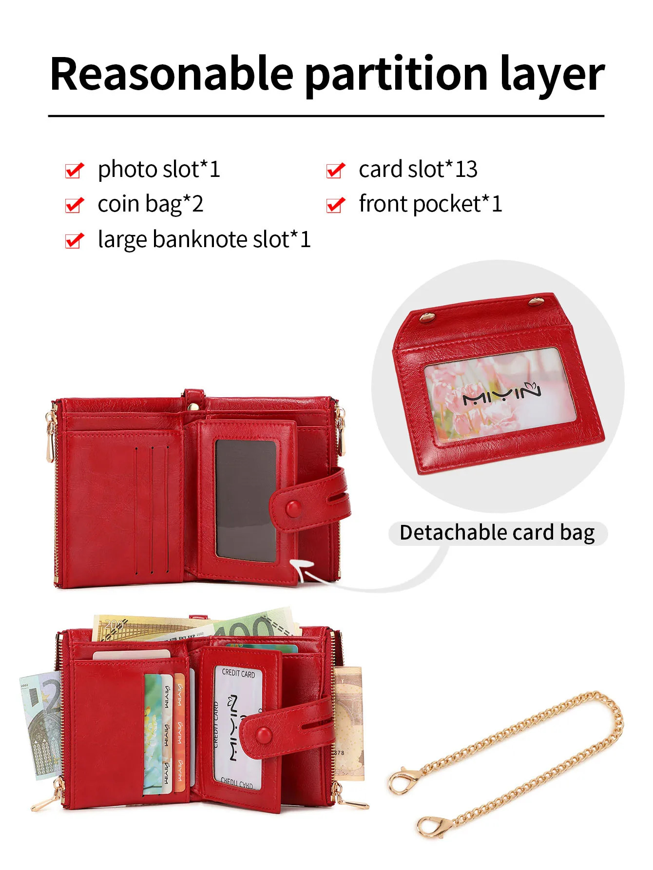 womens wallet with high-quality PU leather short card seat large capacity chain three-layer coin purse retro womens wallet 250410