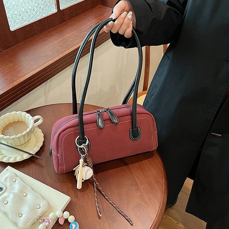 Suede Shoulder Bag for Women Multi Pocket Bottom Bag Artificial Suede Solid Color Handbag Zipper Handbag 250410