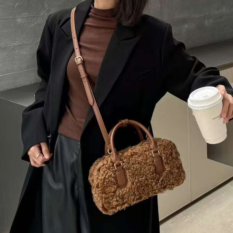 Mm Women's Bags Autumn/Winter Lamb Plush Bowling Casual Versatile Women's Handheld Trendy Single Shoulder Crossbody Bag