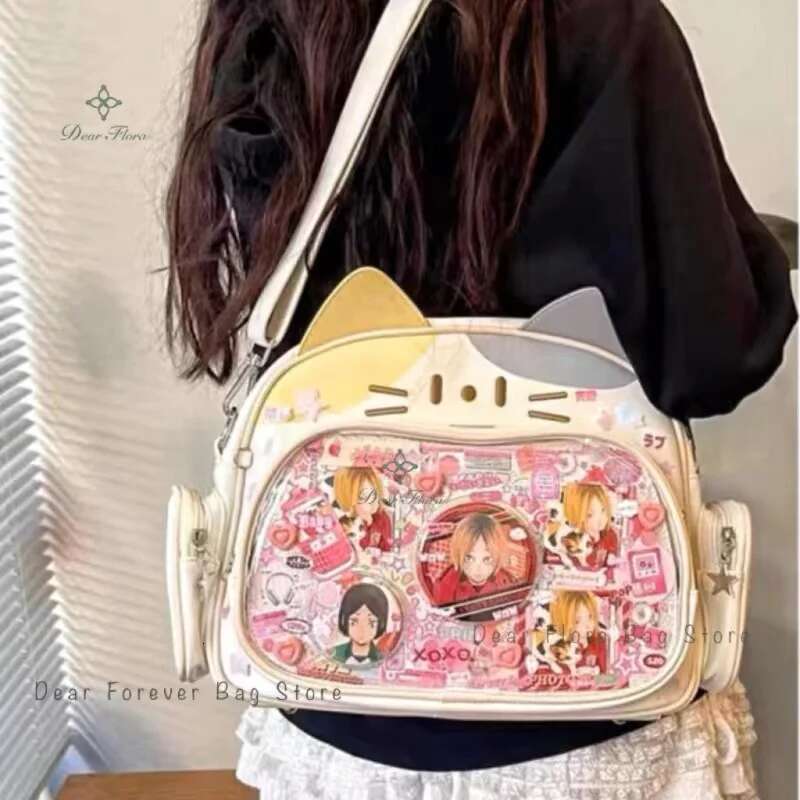 New Y2k Korean Kawaii Cat Ita Cute PU Shoulder Girls Transparent Pocket Haruku Crossbody Bag Women's Fashion Backpacks