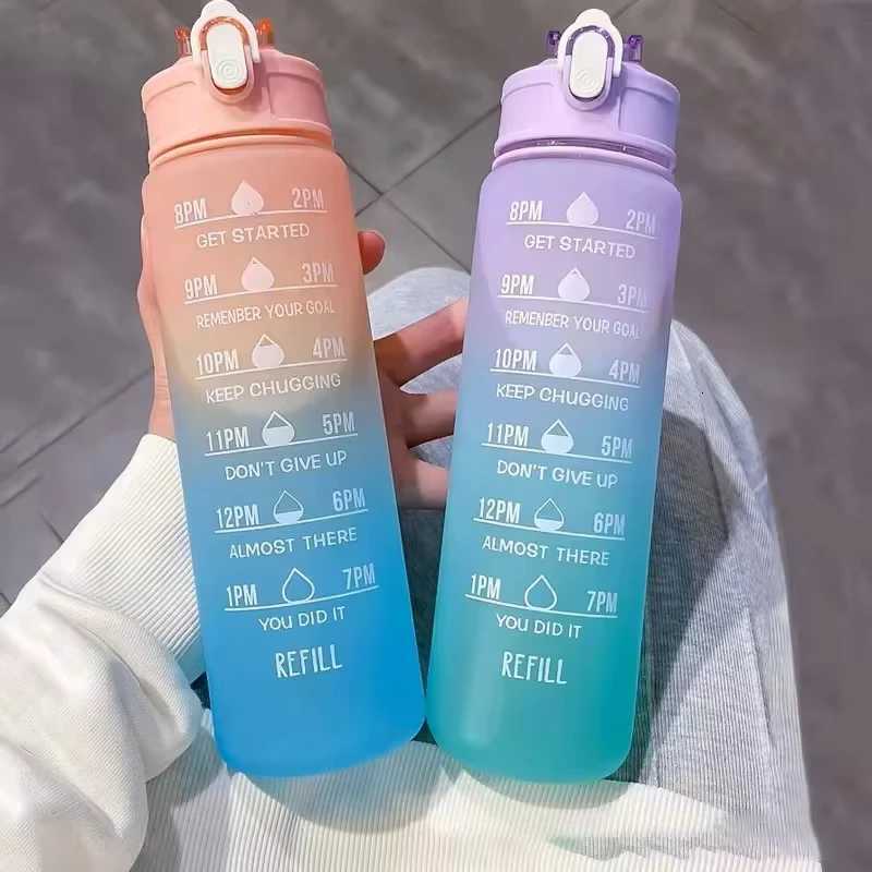 700ml Sports water Bottle High Temperature Resistant Graduated Straw Cup Rainbow Frosted Progressive Color Water Cup Plastic CupW251114