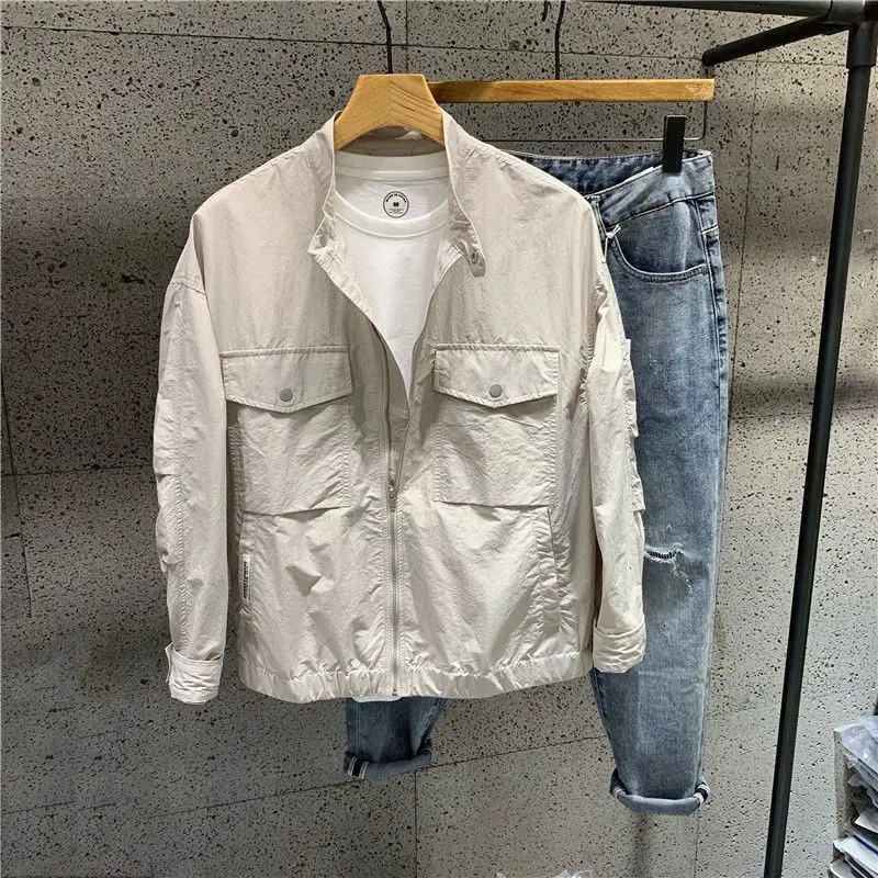 Beautiful mens Sunscreen summer clothing thin style loose fit fully matched standing collar pocket long sleeved zipper workwear jacket 250415