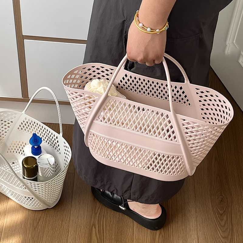 Summer PP beach handbag colorful hollow womens large capacity shopping handbag fashionable solid color basket handbag W250415