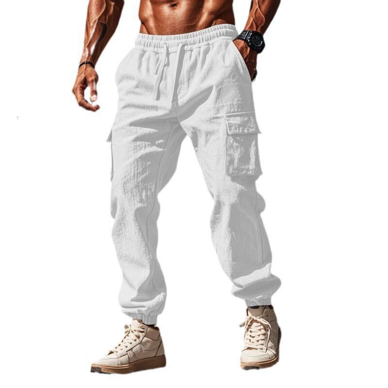 Workwear casual plus size multi pocket wide tube drawstring thin cotton and linen men's pants summer