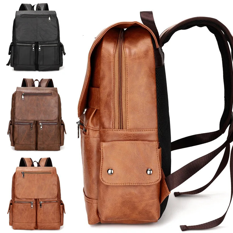Fashion mens backpack leather school backpack student waterproof travel bag casual leather backpack men 250410