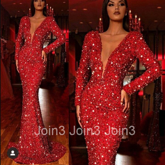 2025 Spring New Womens Bag Hip Dress with Fish Tail Edge Red Glitter Long Sleeve V-neck Dress