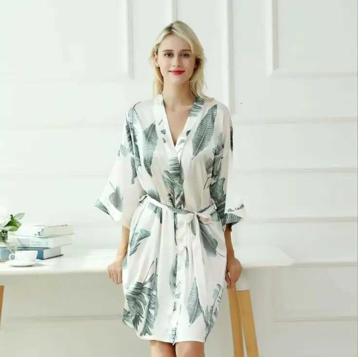 tropical robes V Neck Belted Women Half Sleeve Sleepwear Elegant Satin Dressing Gown Bathrobe Home Pajamas C251115