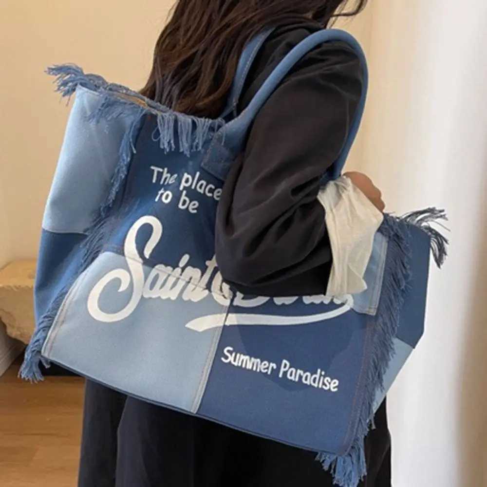 Fashion tassel design womens canvas large capacity high-quality casual shoulder bag INS letter canvas handbag vacation W250415