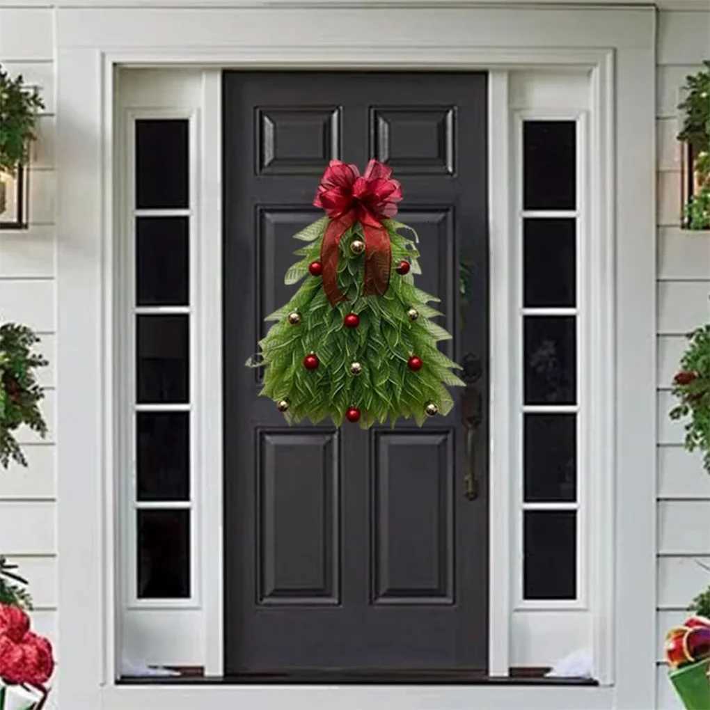 Christmas Tree Wreath for Front Door Hanging Ornament for Garden Room Christmas Tree Wreath With Red Bow Christmas DecorM251115
