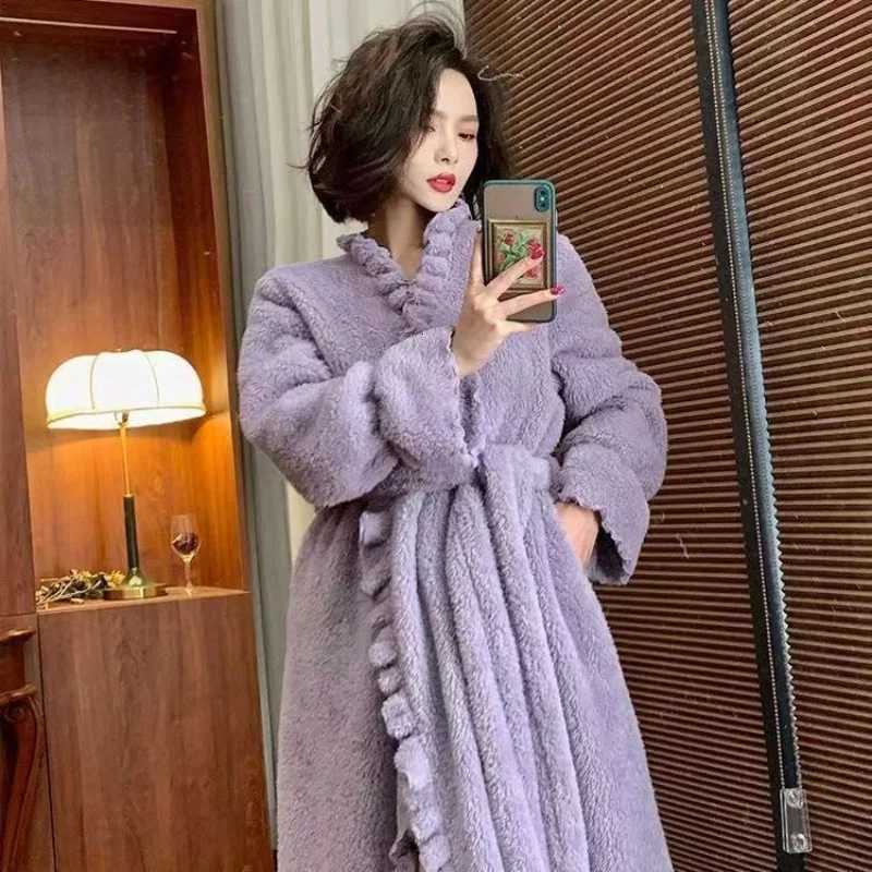 Belt Robe for Women Sleepwear Winter Nightdress Night Wears Warm Fleece Pajama One Piece Nightgown Hooded Sleeping Homewear New C251115