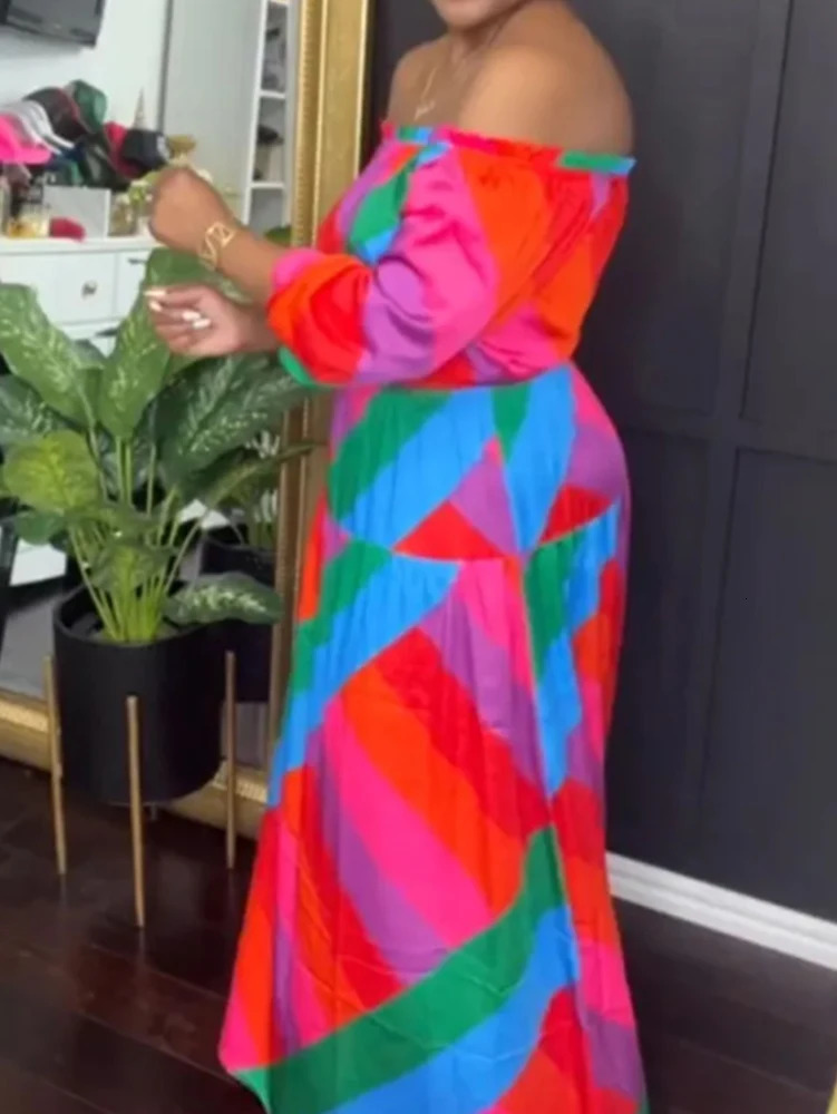 Large size womens 2025 summer sexy printed strapless long sleeved dress with colorful polyester on sale 250407