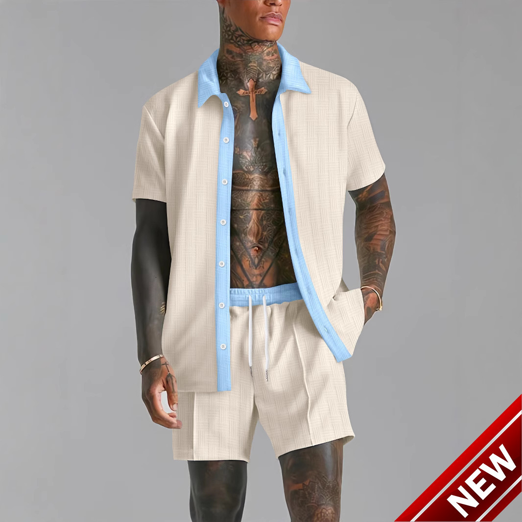 2025 new fashionable mens casual color blocked short sleeved shirt and comfortable shorts two-piece set