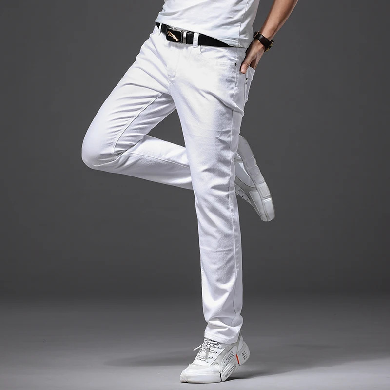 Mens white jeans fashionable and casual style slim fit soft mens highend elastic pants 250407