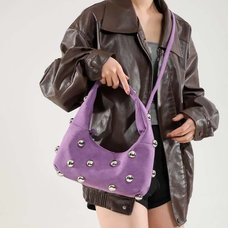 2025 New Women's Bag Personalized Faux Suede Rivet Satchel Purse Punk Style Fashion Shoulder Bags Zipper Closure Studded Handbag