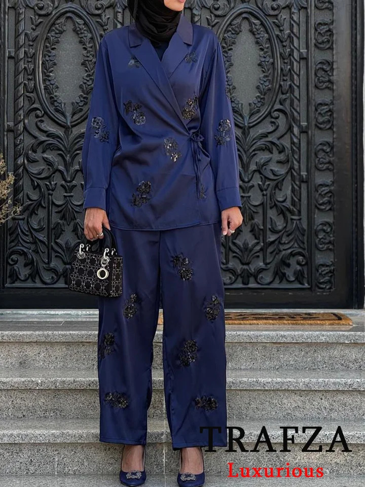 TRAFZA Retro Fashion Casual Womens Set V-neck Pocket Jacket Straight Loose Pants Fashion Autumn Office Womens Set 250409