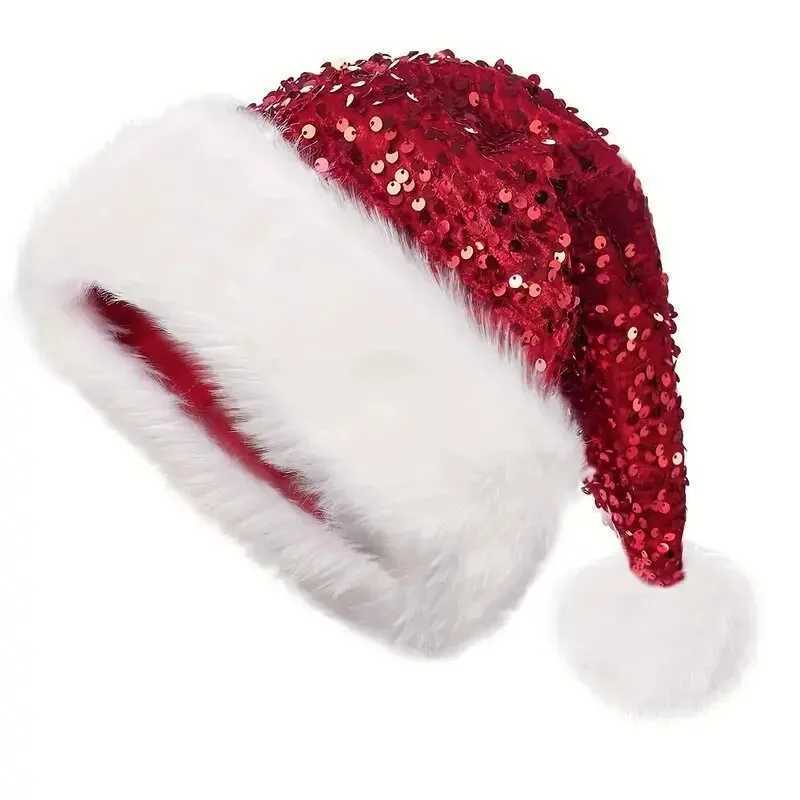 New Christmas Hat Red Sequin Bowknot Design Double Layer Plush Extra Thickened Long Furry Decorative Christmas Cap for Holiday Y251115