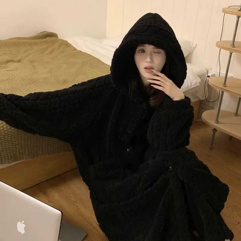 Black Robe for Women Sleepwear Winter Nightdress Night Wears Warm Fleece Pajama One Piece Nightgown Hooded Sleeping Homewear C251115