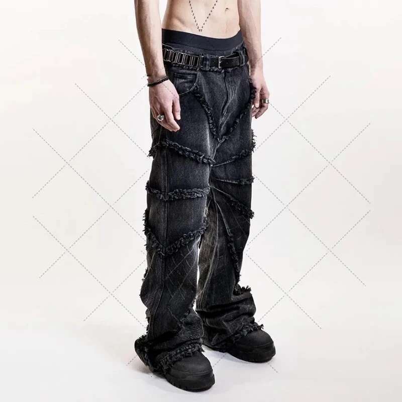 American Destructive Spider Web Design Jeans Men's Streetwear Hip-Hop Rough Edge Loose Denim Wide Leg Pants Chic 28W4657