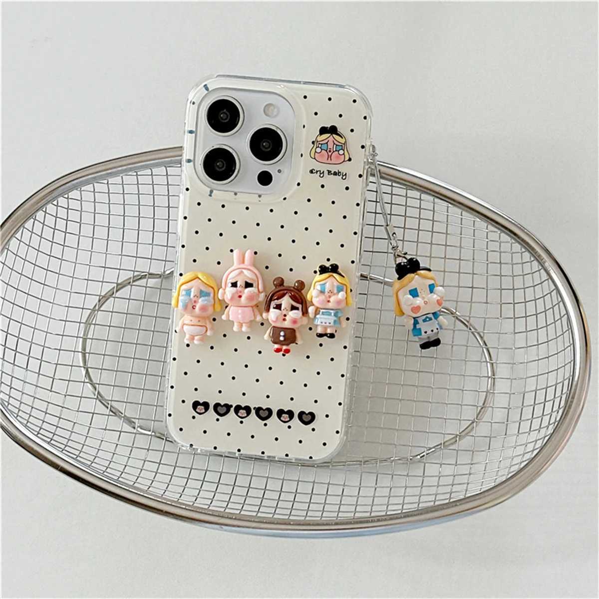 Korean Pink Plaid Pattern Cute Phone Case For iPhone 16 Pro 14 15 Pro Max Cover with Pendant Kawaii Protective Cases J251202