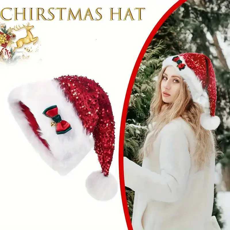 Christmas Hat with Sequins Bow Design Plush Warm Enlarged Thickened Holiday Party Decoration Hats for Women Beanie Winter Hat Y251115