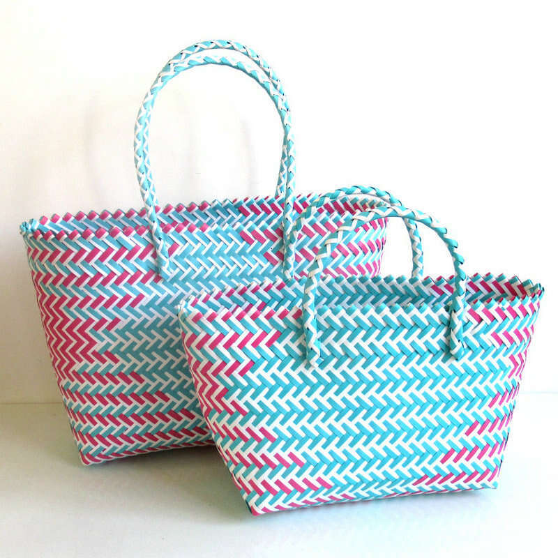 Handmade Beach Bag New Plastic Strapping, Woven Hand-Held Vegetable Basket Striped Color Blocked Beach Bag, Fashionable Women's Bag Kq2