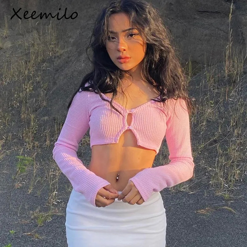 Xeemilo Sexy Y2K Pink Ribbed Knit T Shirt French Gentle Long Sleeves Cardigan Crop Tops High-waist Exposed Navel Women Slim Top 250415