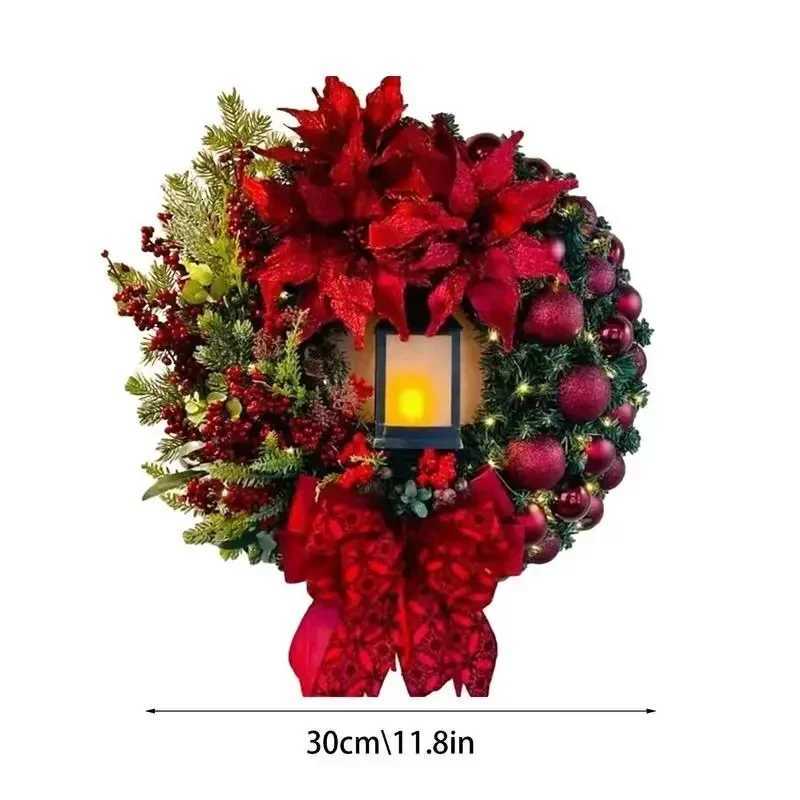 Christmas Wreath with Lamp Bow Ball Big Red Flower Navidad Party Wall Door Window Fireplace Staircase Balcony Garden Wreath 2026M251115