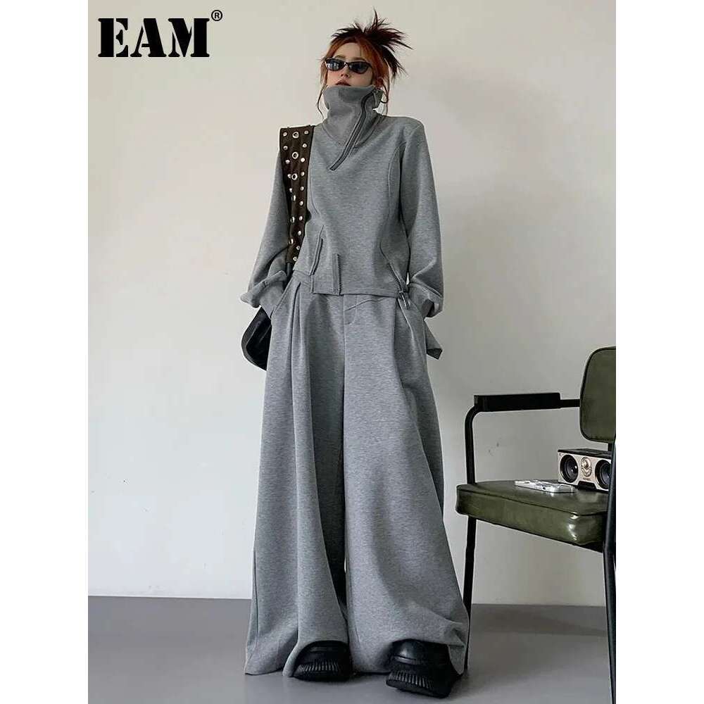 EAM Gray Irregular Zipper Spliced Sweatshirt New Stand Collar Long Sleeve Waist Women Fashion Tide Spring Autumn 2025 30A3036