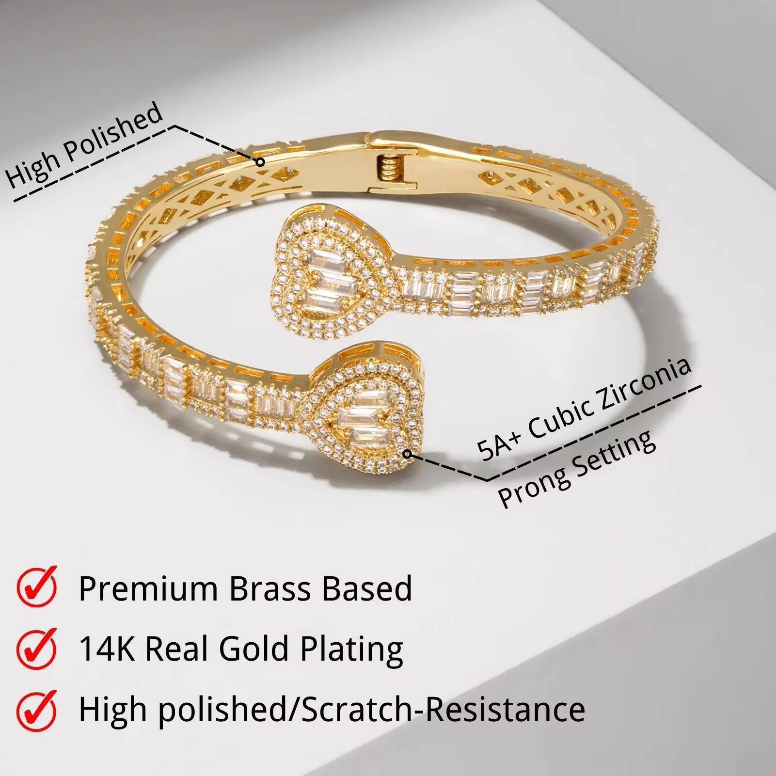 Adjustable 6mm Baguette CZ Heart Style Bangle Gorgeous Icy Sparkle for Fashionable Women Fine Trendy Accessory