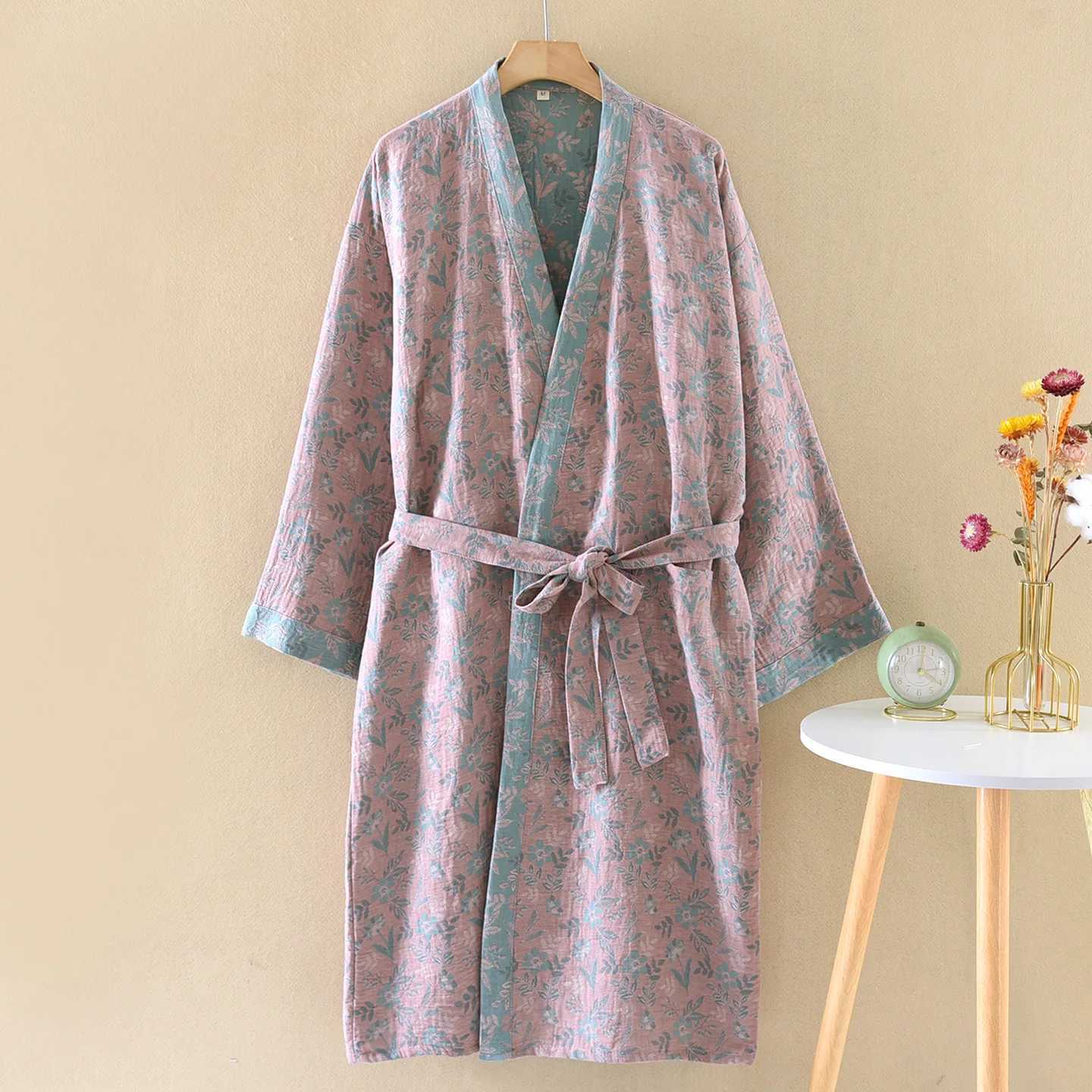 Cotton Yarn Dyed Nightgown Robes for Women Spring and Autumn Thin Vintage Jacquard Sleepwear Yukata Kimono Bath Robe C251115