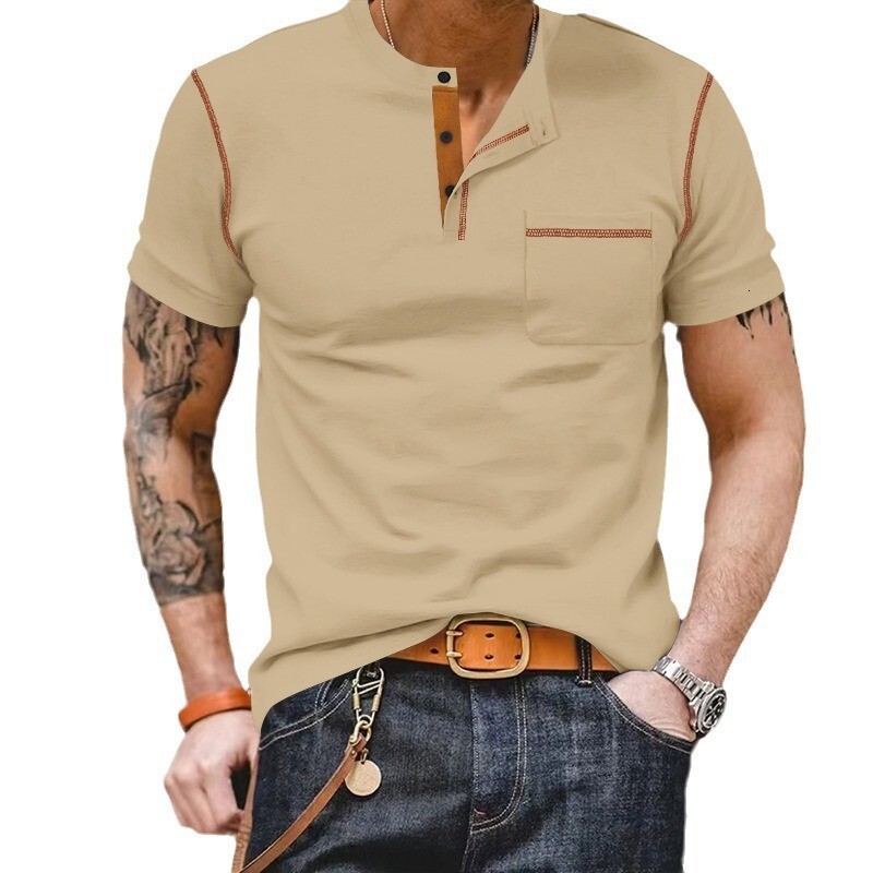 2025 Short sleeved Summer Henley Shirt Color blocked T-shirt Men's