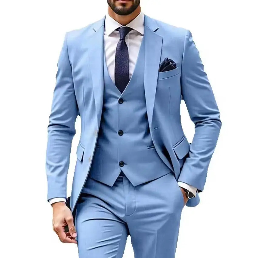 Light Blue Men Suits 3 Piece Jacket Pants Vest Single Breasted Notch Lapel Formal Wedding Blazer High Quality Costume Homme 250409