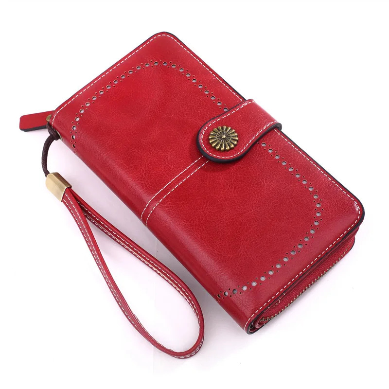 Fashionable hollow coin wallet suitable for womens oily leather phone bags long zipper handbags coin bags and three fold womens wallets 250410