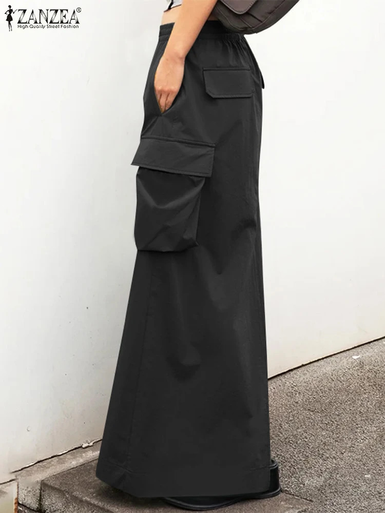ZANZEA Vintage Cargo Maxi Skirts Women Elegant Loose Jupes Office Big Pockets Jupes Autumn Elastic Waist Skirts Streetwear 250409