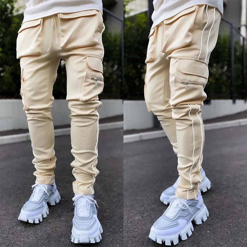 Summer Mens Jogging Sports Pants Multi-Pocket Sweatpants Running Trousers Mens Casual Joggers Cargo Reflective Hip Pop Pants 250415