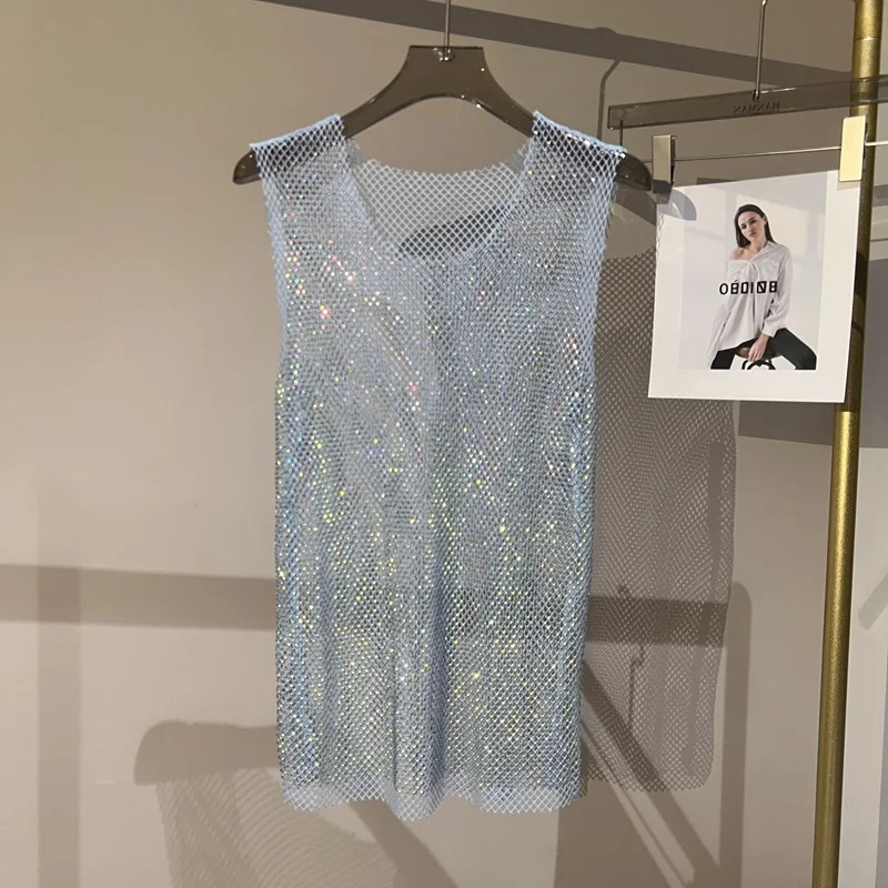 Women Men Crystal Rhinestones Shiny Sexy Y2K Tank Tops High Quality Party Club Sexy See Through Mesh Hollow Out Diamond shirt 250415