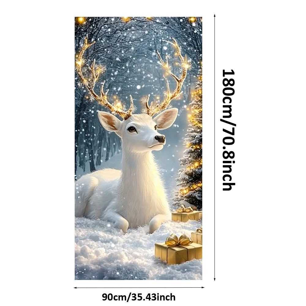 White Elk Snowy Scene Banner Xmas Door Cover Decoration Polyester Merry Christmas Winter New Year Holiday Photo Booth NavidadM251115