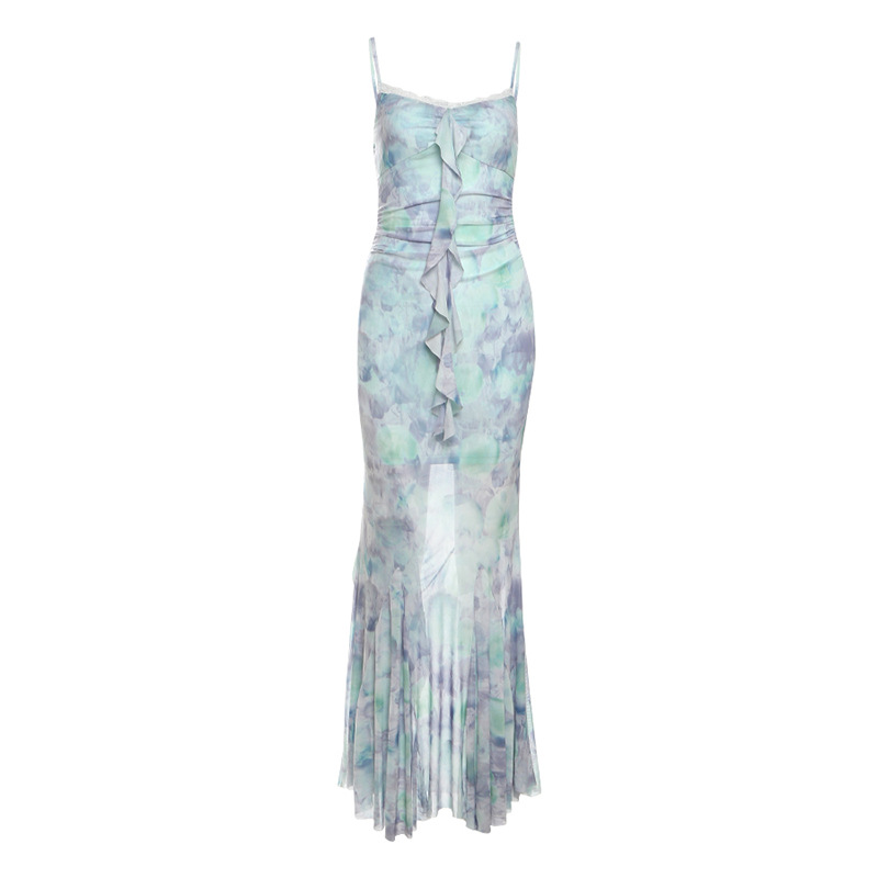 S42Charming Ladies' Mesh-Printed Splice Lace Dress Featuring Modern French Style