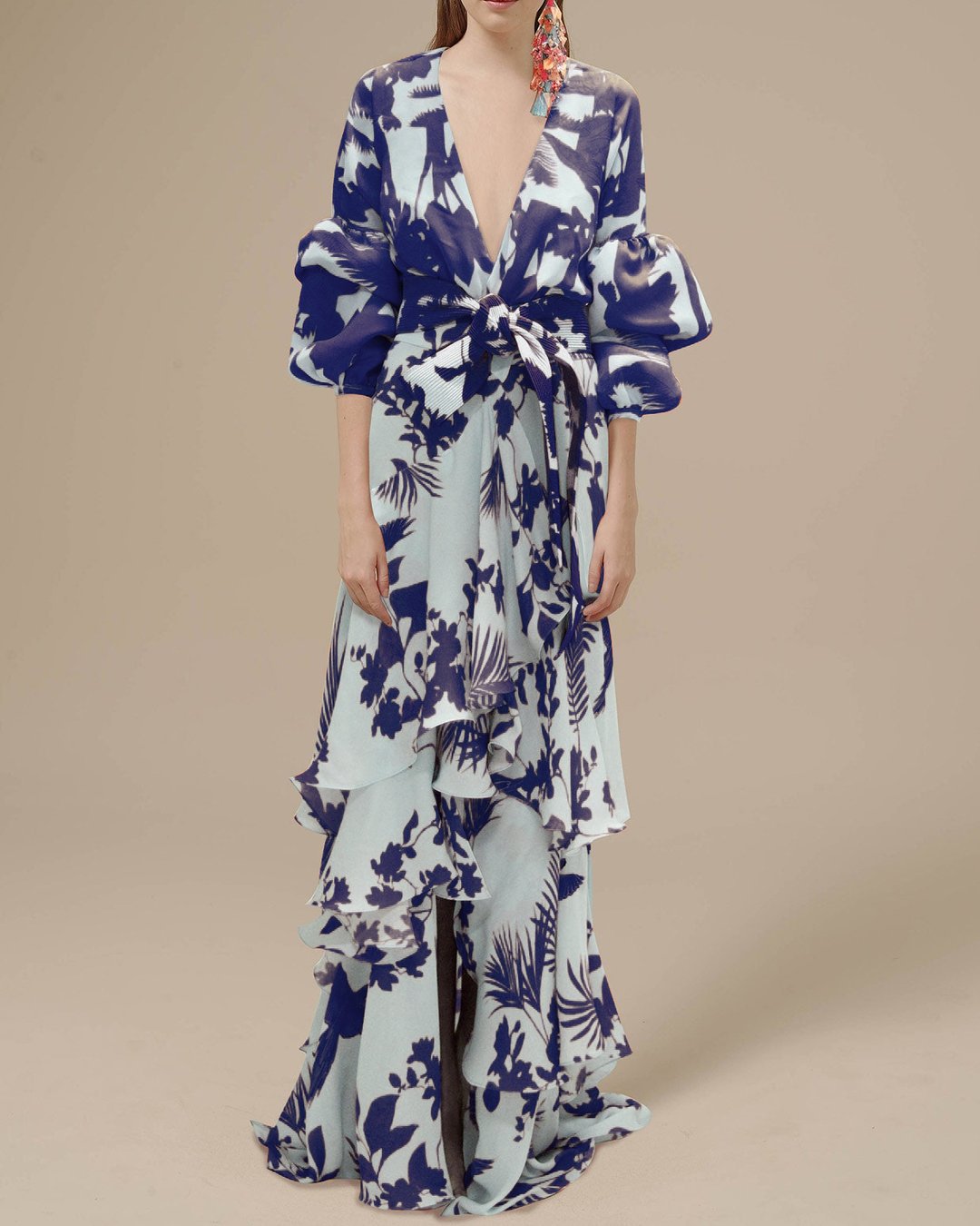 Women's Print Ruffle Party Dresses Elegant Deep V-Neck Lantern Sleeve Long Dress Fashion Tie-Up Waist Irregular Bohemian Vestido